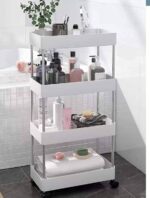 PULSBERY Multipurpose Storage Organizer Slim Rack Shelf with Wheels or Living Room or Office or Bed Room, Bath Room, Kids Room, Kitchen Trolley (White, 4 Layer) Plastic