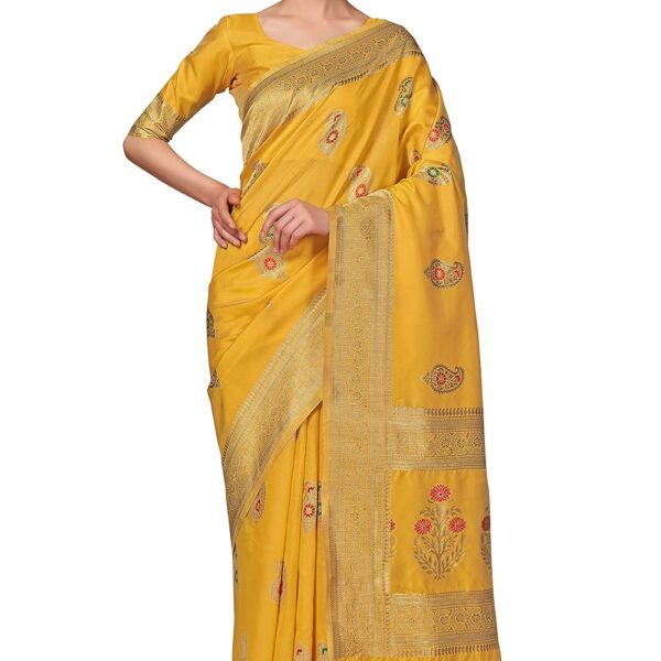 Monjolika Fashion Women's Banarasi Silk Yellow Color Zari Work Saree With Unsttiched Blouse Piece (4707_Yellow)