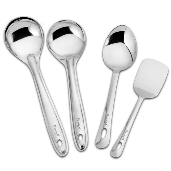 Parage Stainless Steel Kitchen Tools Set for Kitchen Cooking and Serving, Pack of 4, Serving Spoon, Turner/Spatula (Palta), Basting and Rice Spoon, Silver (Size: 26.5 cms, 25 cms x 2, 23 cms)