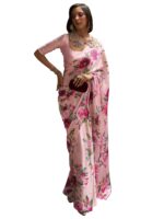 AKHILAM Women's Banarasi Digital Print Satin Silk Floral Printed Saree With Unstitched Blouse Piece