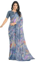 LADYLOOM Women's Chiffon Geometric Printed Chiffon Saree With Unstitched Blouse Piece