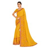 Laxmipati Yellow color Resham Embroidery Work and Fancy Border Chiffon Saree With Blouse Piece