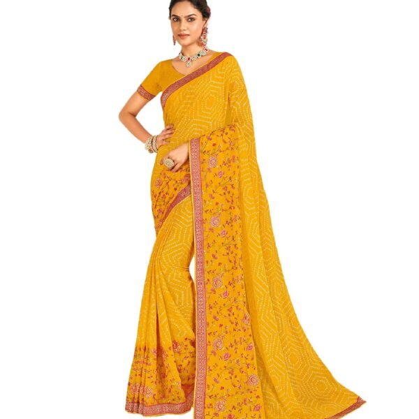 Laxmipati Yellow color Resham Embroidery Work and Fancy Border Chiffon Saree With Blouse Piece