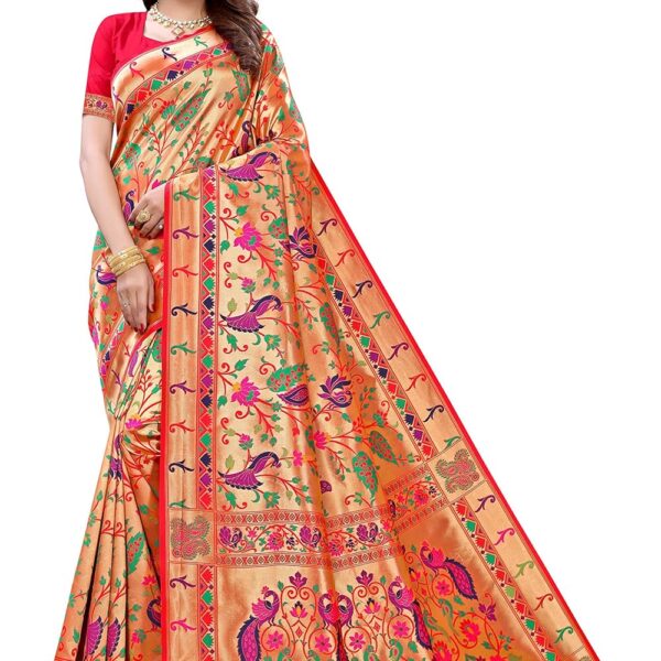 Pandadi Saree Women's Paithani Silk Saree With unstitched Blouse Piece