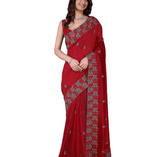 TRENDMALLS Women's Vichitra Silk Embroidery work Saree with Blouse Piece