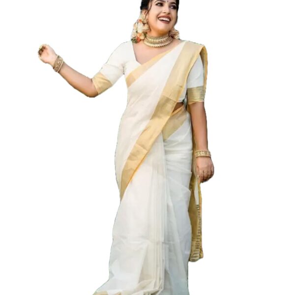 VJ Fashion Women Kasavu Cotton Plain White Saree With Blouse Piece_freesize