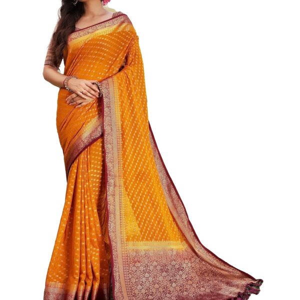 Vardha Women's Banarasi Georgette Saree with Unstitched Blouse Piece - Gold Zari Woven Work Sarees for Wedding (Mohini)