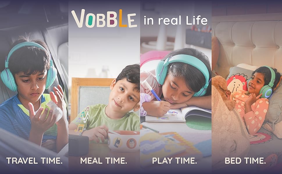 Showing kids listening to stories while travelling, during meal time, play time and during bed time