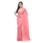 dB DESH BIDESH Women`s Fancy Trendy Solid Transparent Design Pure Cotton Handloom MulMul Saree (Light Red)