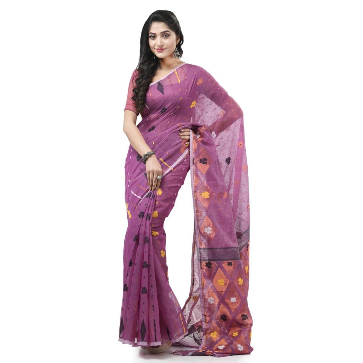 dB DESH BIDESH Women`s Resham Dhakai Jamdani Cotton Handloom Saree Kohinoor Design Jamdani Saree