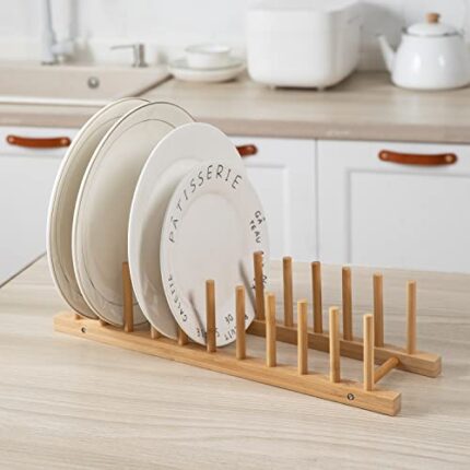 HOKIPO Bamboo Wooden Dish Rack/Plate Stand Holder for Kitchen, 10