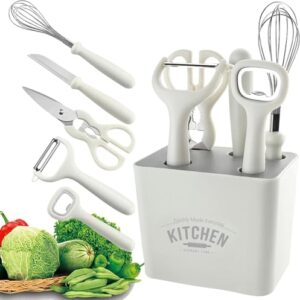 Stainless Steel 6-Piece Kitchen Gadgets Set, Kitchen Scissors, Kitchen Utensils Set with Holder, Paring Knife, Whisk, Bottle Opener, Peeler- Anti-Slip Handle, Decorative Base, White