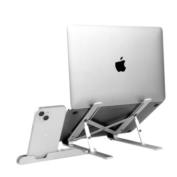 TARKAN 2 in 1 Portable & Foldable Aluminium Laptop Stand + Mobile Stand with Adjustable Height & Angle for Laptops, MacBook, Phones (Silver) - Image 3