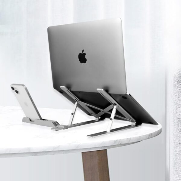 TARKAN 2 in 1 Portable & Foldable Aluminium Laptop Stand + Mobile Stand with Adjustable Height & Angle for Laptops, MacBook, Phones (Silver) - Image 5
