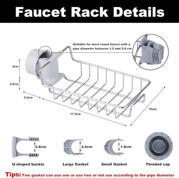 QONETIC Kitchen Sink Faucet Sponge Holder Caddy Organizer, Stainless Steel Dish Heavy Duty Hanging Drain Rack for scrubbers, soap, Bathroom, Detachable no Suction Cup Bathroom (Medium) - Image 3